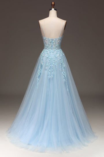 A Line Light Blue Sequin Spaghetti Straps Ball Dress With Appliques